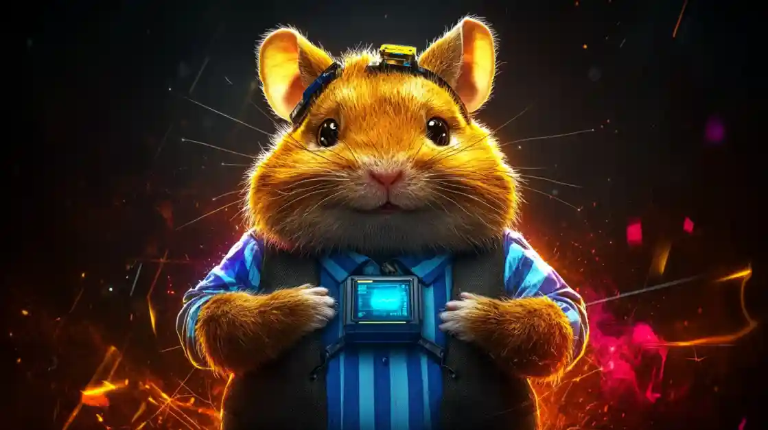 A cute and tech-savvy hamster character wearing a vest and a headset, representing the playful and innovative spirit of 7j777.