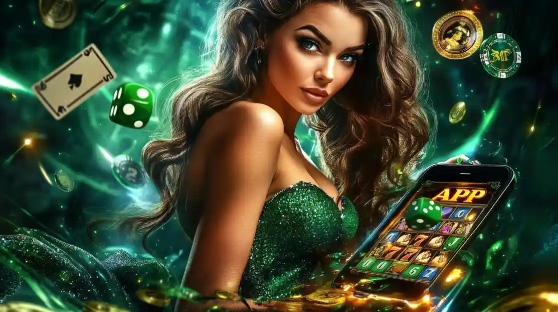 An enchanting woman surrounded by cards, dice, and coins, alongside a smartphone featuring the 7j777 gaming app.