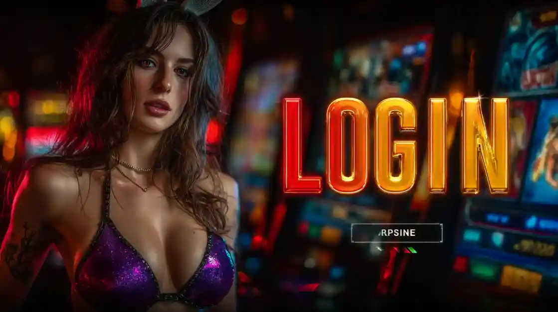 A captivating woman stands beside a LOGIN interface, with 7j777 slot machines softly blurred in the background, inviting users to enter the world of 7j777.