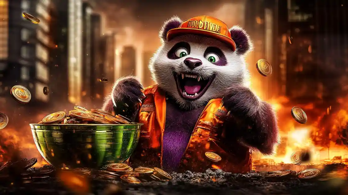 A cheerful panda character surrounded by golden coins, symbolizing wealth and good fortune with 7j777.