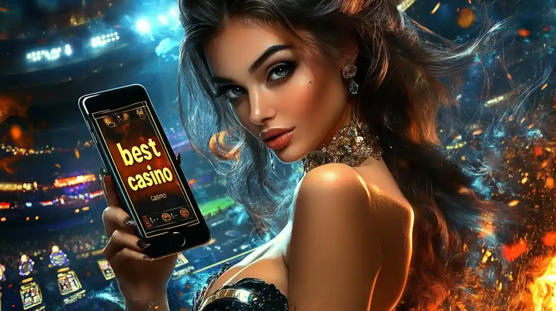 A woman holding a phone showcasing the 7j777 casino app in a vibrant stadium-like setting.