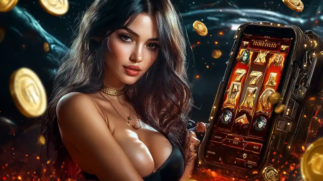 A confident woman holds a smartphone displaying a 7j777 mobile slot game with 777 symbols and golden coins.